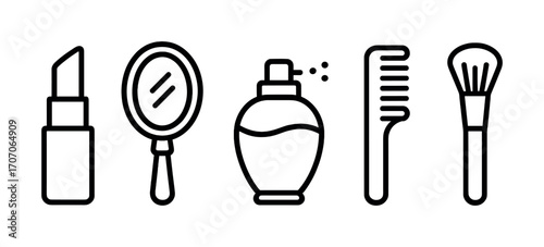 Cosmetic essentials icons set: lipstick, mirror, perfume, comb, brush in minimalist design