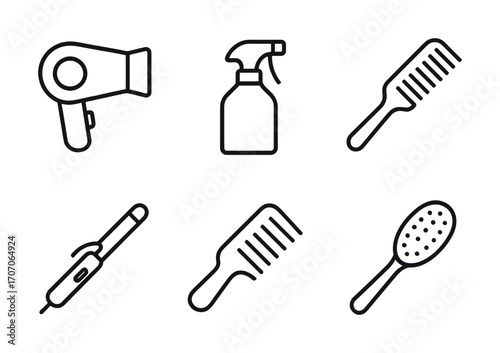 Outline icons of hairdryer, spray bottle, hair combs, curling iron, and brush