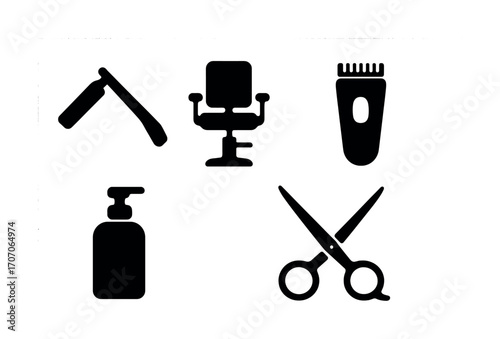 Barber tools icons collection: razor, chair, clippers, soap dispenser, scissors