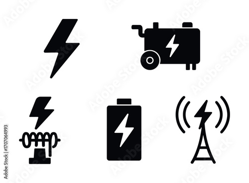 Electric power icons: energy bolt, generator, transformer, battery, tower symbols