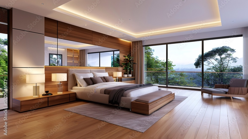 Fototapeta premium Modern bedroom overlooking a green landscape with wooden furniture