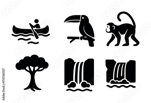 Set of nature icons: canoe, toucan, monkey, tree, waterfalls