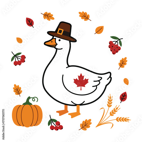 A cute cartoon goose in a pilgrim hat with a Canadian maple leaf symbol, celebrating an autumn harvest festival.