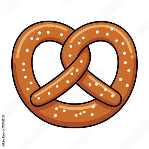 A cartoon illustration of a classic pretzel with a golden-brown crust and sprinkled with salt.