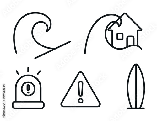 Tsunami warning icons with house wave alert and surfboard symbols