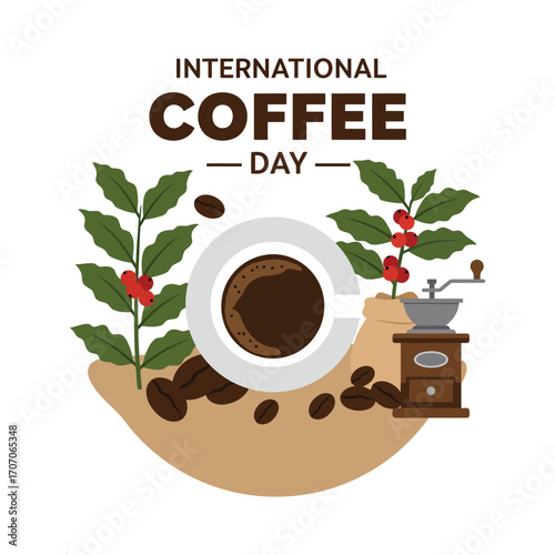 An illustration for International Coffee Day featuring a cup of coffee, beans, plants, and a grinder on a white background.