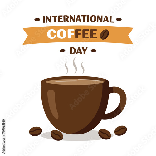 International Coffee Day illustration with a steaming cup of coffee and coffee beans.
