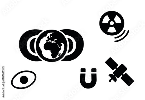 Scientific symbols: earth, atom, magnet, radiation, satellite icons in black