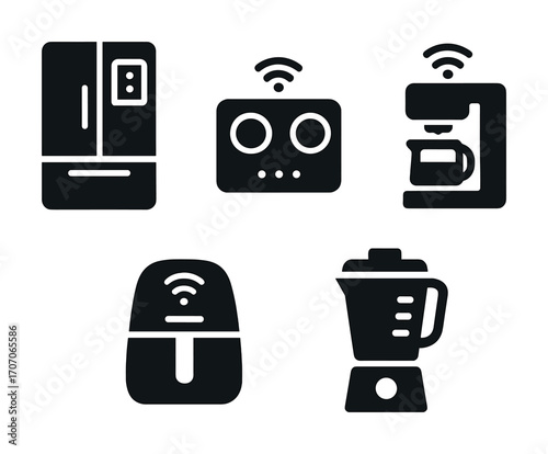 Smart kitchen appliances icons collection featuring refrigerator, oven, coffee maker, air fryer, and blender