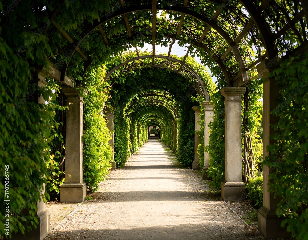 Fototapeta premium Green arched walkway in sunlight