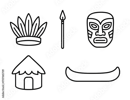 Indigenous cultural symbols: mask, spear, canoe, headdress, hut icons