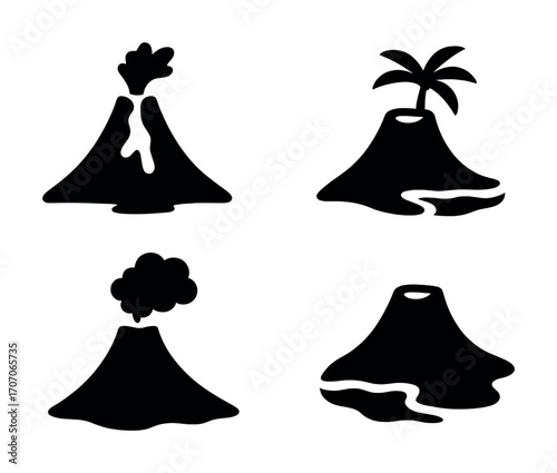 Set of four unique volcano icons featuring flowing lava and smoke