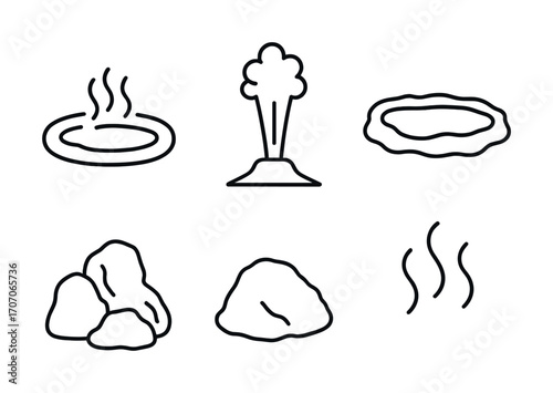 Geothermal outlines: geyser, hot springs, rocks, steam icons set