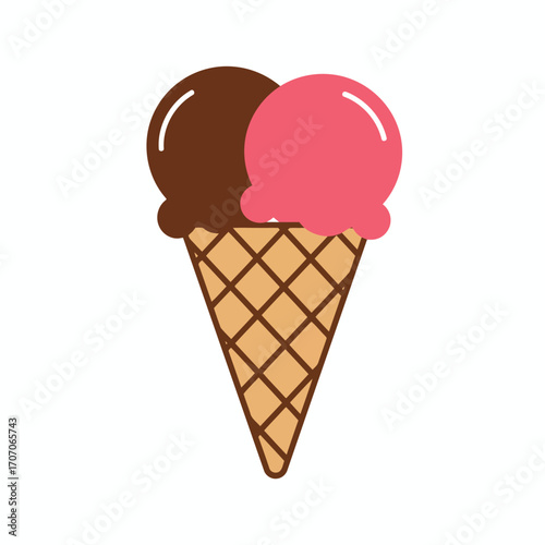 A delicious double scoop ice cream cone with chocolate and strawberry flavors in a waffle cone.