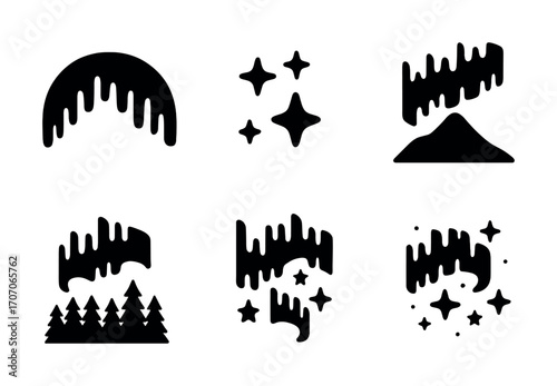 Abstract black shapes with northern lights and stars theme