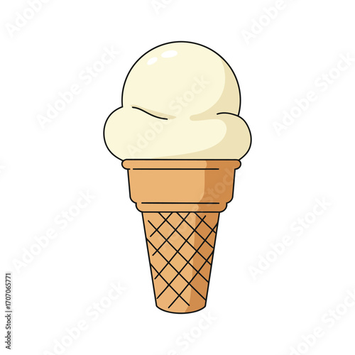 Simple cartoon illustration of a single scoop of vanilla ice cream in a waffle cone, isolated on a white background.