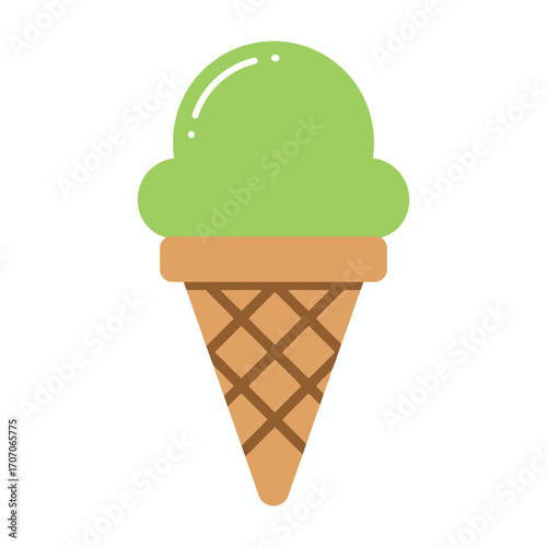 A simple illustration of a green ice cream scoop on a waffle cone, a sweet treat.