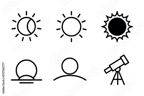 Sun and astronomy icons: phases, sunrise, telescope illustrations