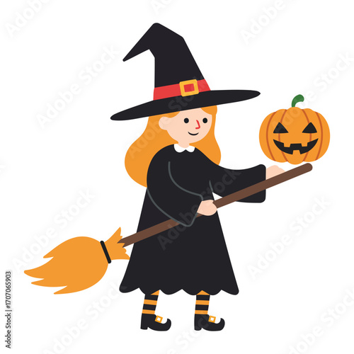 A cartoon witch with orange hair, a black hat, and a pumpkin on a broom.