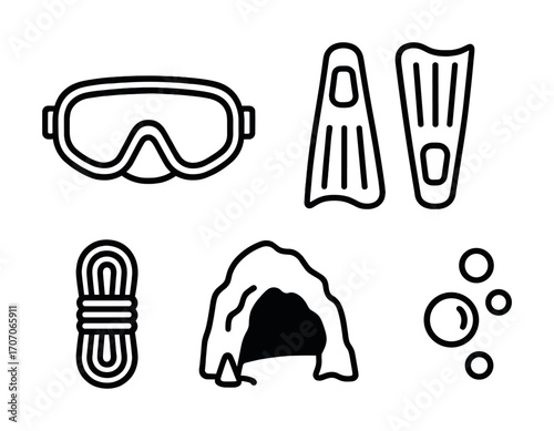 Scuba diving equipment icons: goggles, fins, rope, cave, bubbles