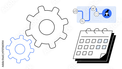 Gear mechanisms, connected workflow routing icons, and a calendar symbolize productivity, task scheduling, automation, planning. Ideal for efficiency, teamwork, deadlines resource management