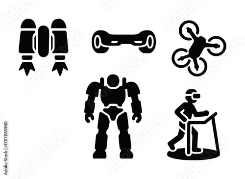 Futuristic technology icons: jetpack, hoverboard, drone, robot, vr treadmill