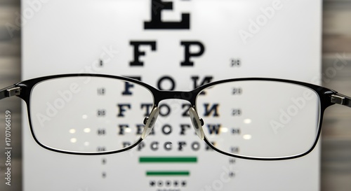 Close-up of eye exam chart with glasses placed in front.