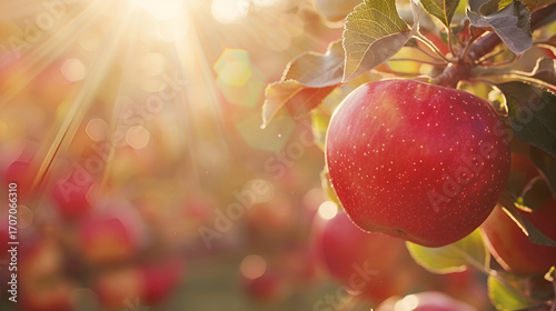 Ripe red apple on branch bathed in warm golden sunlight, harvest season beauty