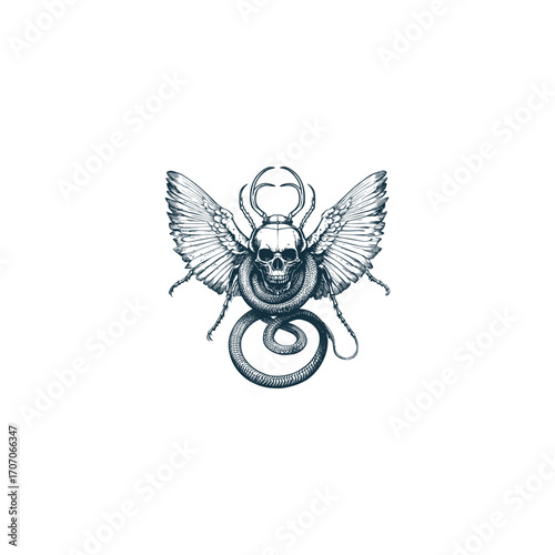 Intense vintage vector illustration of a winged human skull wearing a helmet with horns, intertwined with a detailed snake