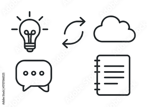 Innovative technology concepts: lightbulb, cloud, sync, chat, notebook icons