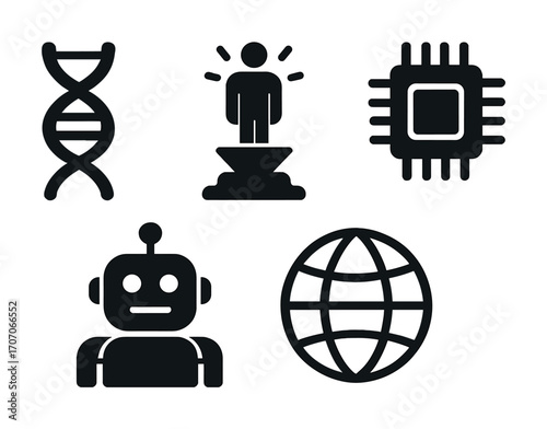 Technology icons featuring dna strand, artificial intelligence, and global connectivity