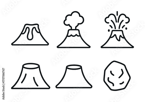 Set of simple volcano icons: eruption and lava flow illustrations