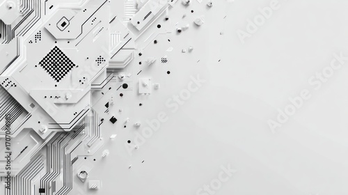Abstract geometric composition in shades of white, depicting circuit-like forms with lines and squares, creating a high-tech and futuristic look
