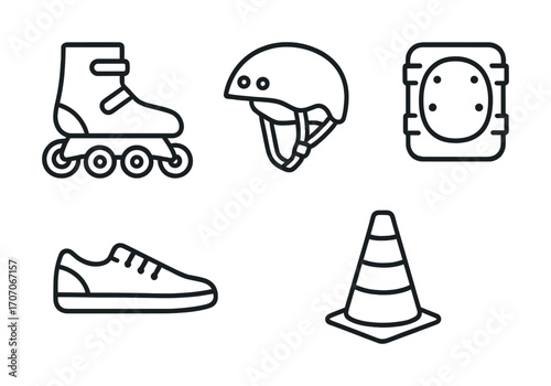 Inline skating gear with helmet, knee pad, rollerblades, cone, and sneaker outline icons