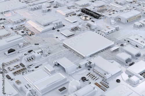 Close-up of a white electronic circuit board filled with components and intricate traces, capturing technological detail in a monochrome palette