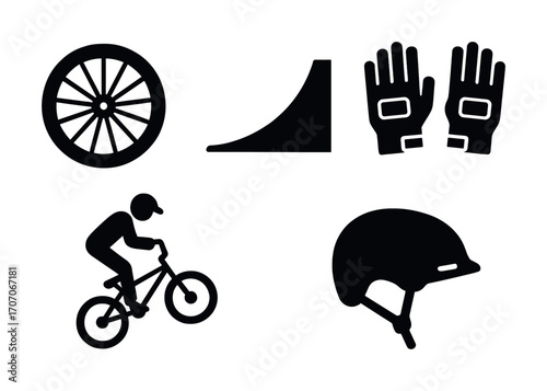 Bmx biking essentials: wheel, ramp, gloves, helmet, cyclist icon set