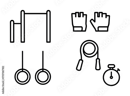 Fitness equipment icons: pull-up bar, gymnastics rings, gloves, jump rope, and stopwatch