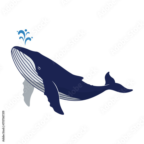 Illustration of a blue whale spouting water on a white background.