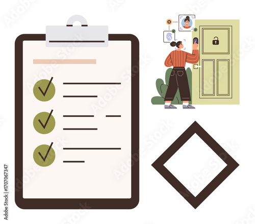 Large checklist with ticks, person verifying biometric details on door with security lock, and diamond shape. Ideal for organization, security, technology, access control, workflow, validation