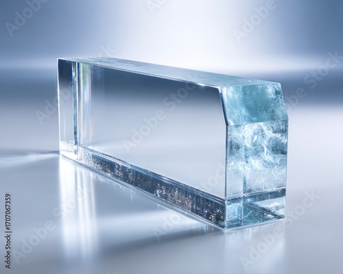 Clear rectangular block, possibly glass or crystal, catches the light. The reflective surface is on a blue to gray background