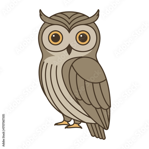 A cute cartoon illustration of a brown owl with large, round, yellow eyes and prominent ear tufts, standing upright against a white background.