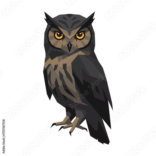 A stylized, geometric illustration of a great horned owl standing and staring forward on a white background.