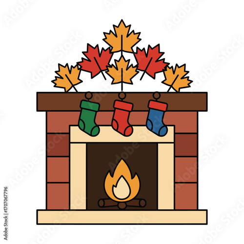 Illustration of a fireplace decorated with stockings and autumn leaves.