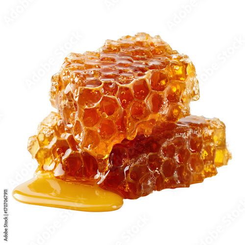 Honeycomb piece with golden honey, isolated transparent background