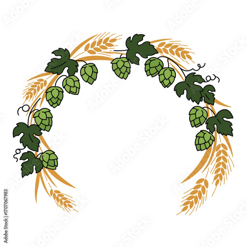 A decorative archway featuring hops and wheat stalks, symbolizing brewing and agriculture.