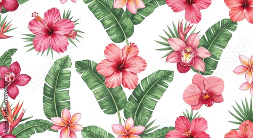 Watercolor Tropical Floral Pattern with Hibiscus Orchids and Leaves.