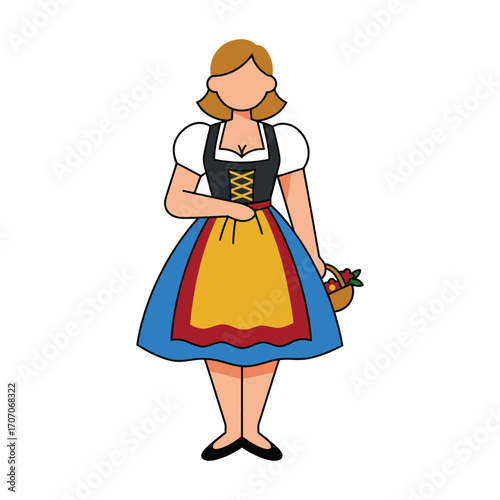 Illustration of a woman in traditional Bavarian dirndl dress, holding a basket of apples.