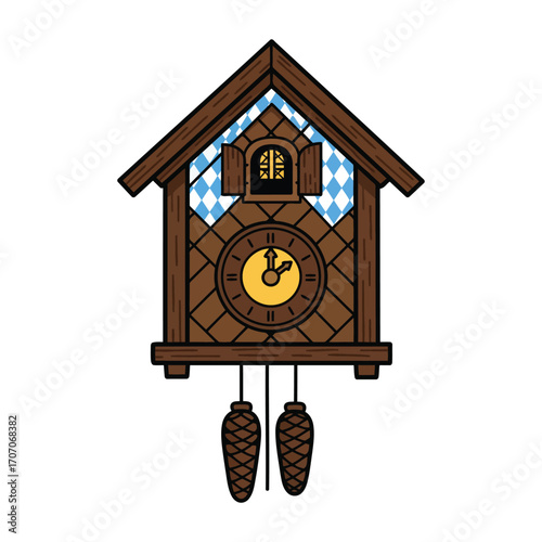 Cartoon illustration of a traditional wooden cuckoo clock with a blue and white checkered pattern and pinecone weights, isolated on a white background.