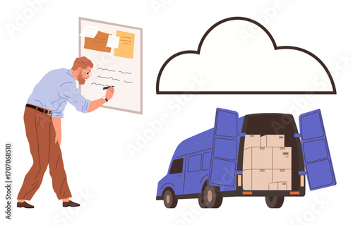 Man writes on board while van loaded with boxes waits under a cloud icon. Ideal for logistics, planning, delivery, cloud services, organization, storage, and business solutions. Minimal flat metaphor