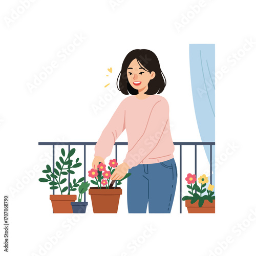 A cheerful young woman enjoys gardening on her balcony, tending to her beautiful potted plants and flowers.